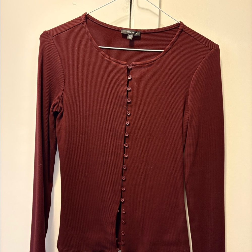 Dynamite Ribbed Long Sleeve Button-Up Top in Deep Burgundy